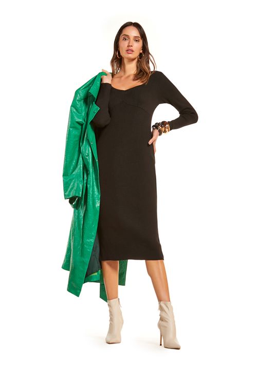 Vestido Maria.Valentina Midi Decote U Recorte Bustos Preto