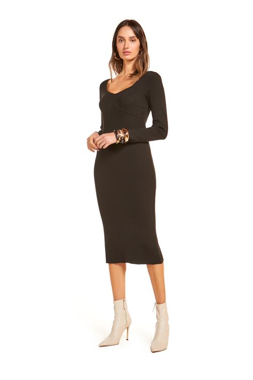 Vestido Maria.Valentina Midi Decote U Recorte Bustos Preto