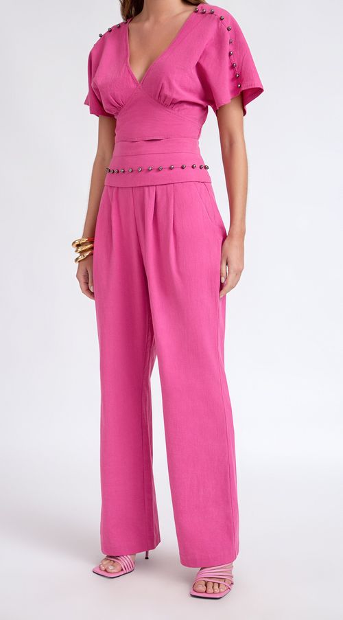 Calça Maria.Valentina Pantalona Cós Alto Bordado Manual Rosa
