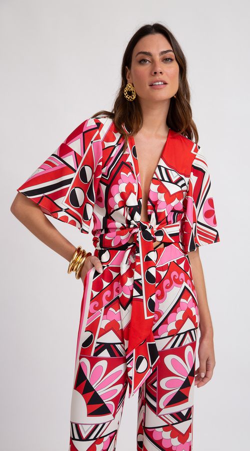 Blusa Maria.Valentina Decote V Manga Godê Amarração Frente Vermelho