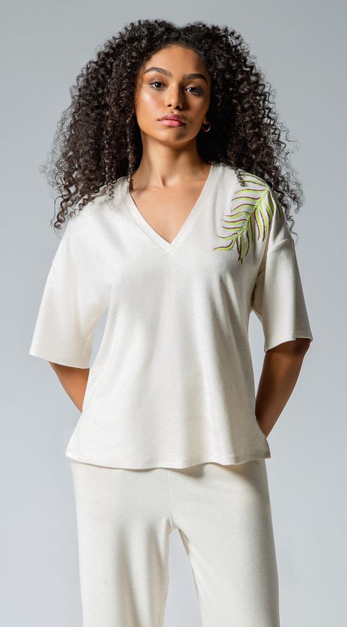 Blusa Maria.Valentina Decote V Manga Curta Bordada Cru