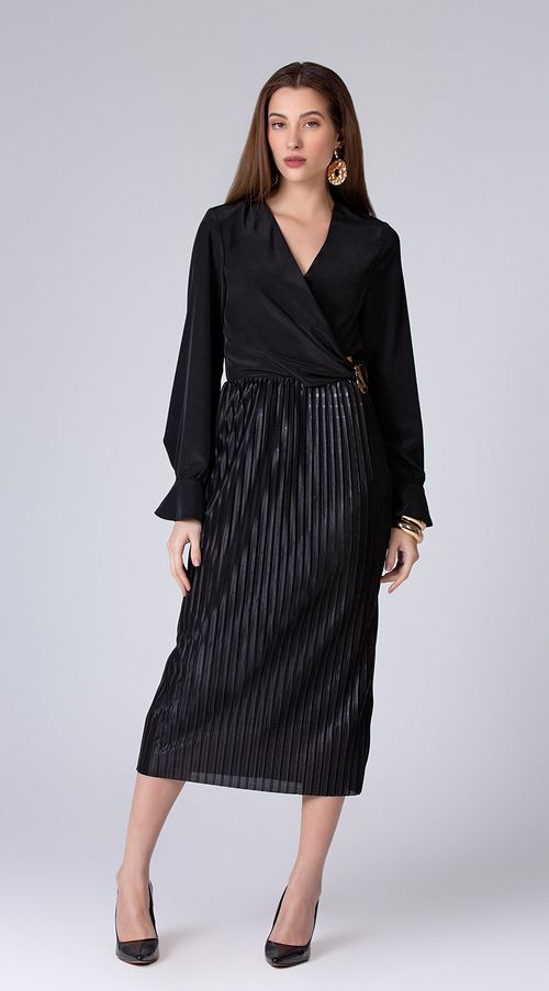 Vestido Maria.Valentina Midi Decote Transpassado Plissado Preto