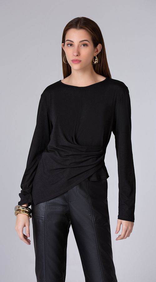 Blusa Maria.Valentina Decote Redondo Manga Longa Com Drapeado Preto