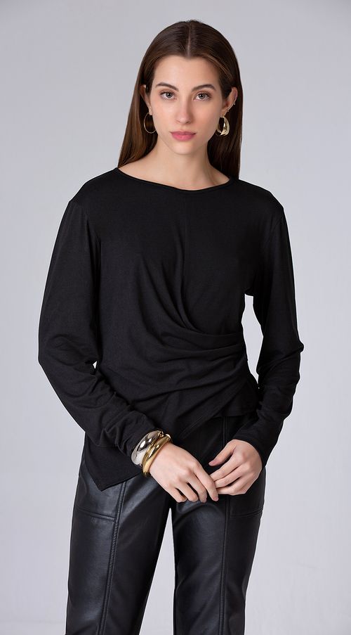 Blusa Maria.Valentina Decote Redondo Manga Longa Com Drapeado Preto