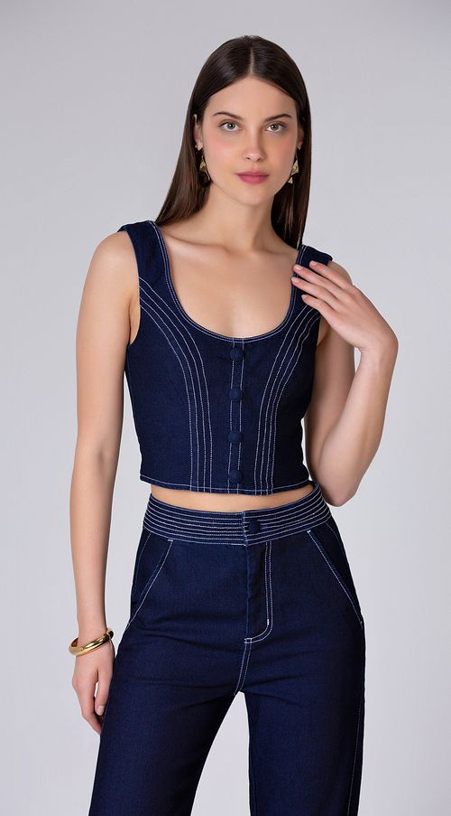 Top Maria.Valentina Justo Alça Larga Detalhe Pesponto Jeans