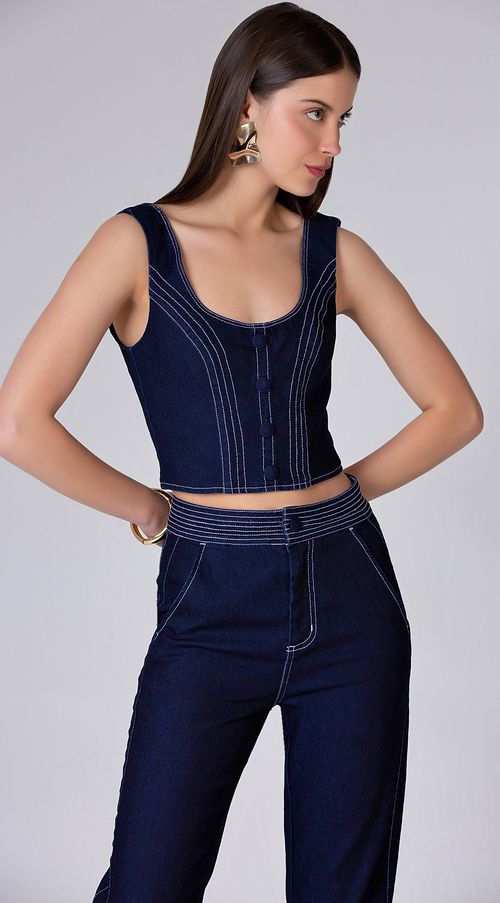 Top Maria.Valentina Justo Alça Larga Detalhe Pesponto Jeans