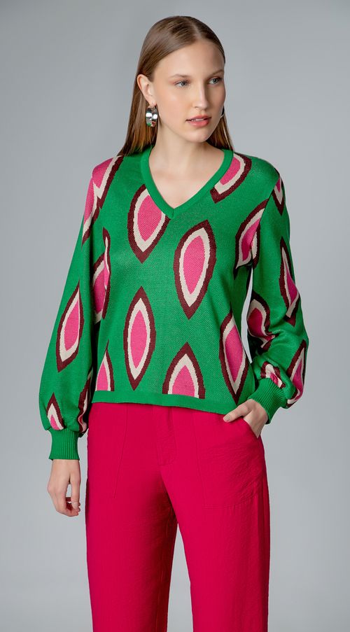 Blusa Maria.Valentina Decote V Manga Longa Estampada Verde