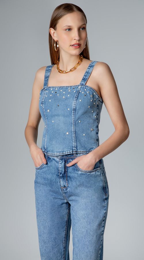 Top Maria.Valentina Justo Alça Detalhe Tachas Jeans