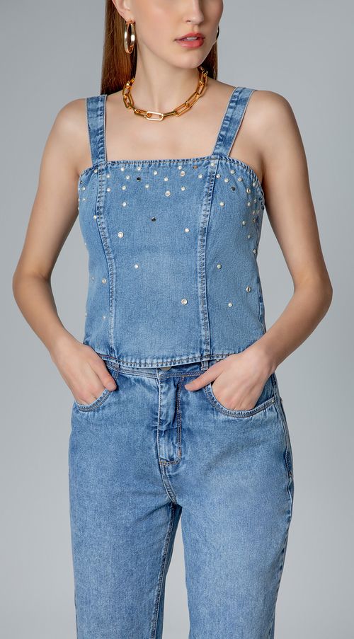 Top Maria.Valentina Justo Alça Detalhe Tachas Jeans