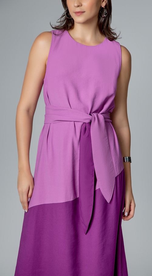 Vestido Maria.Valentina Midi Decote Redondo Bicolor Lilas