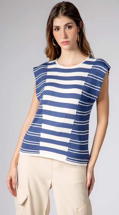 Blusa Maria.Valentina Decote Redondo Cavada Tricôt Azul