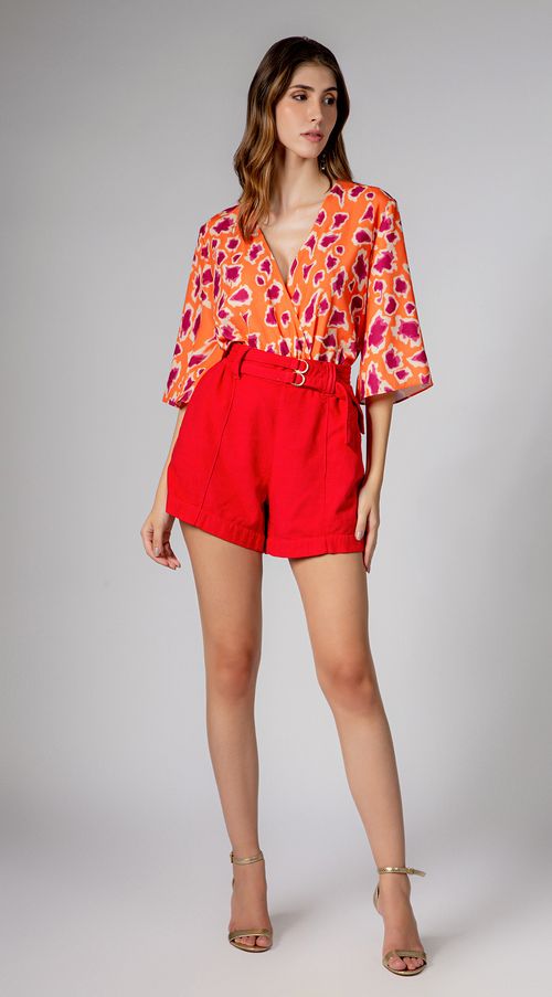 Blusa Maria.Valentina Decote Transpassado Manga Curta Com Botão Laranja