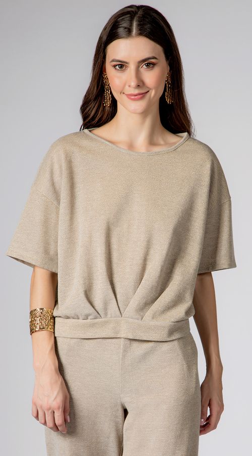 Blusa Maria.Valentina Decote Redondo Manga Curta Com Pregas Dourado