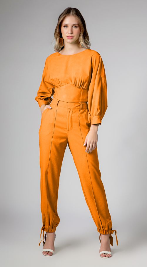 Blusa Maria.Valentina Decote Canoa Manga 3/4 Com Franzido Laranja