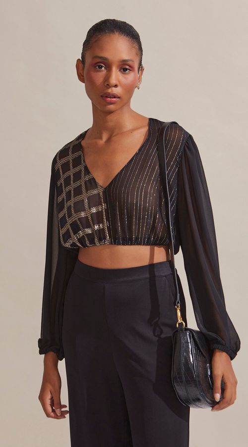 Blusa Maria.Valentina Decote V Manga Longa Composê De Tecidos Preto