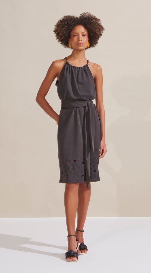 Vestido Maria.Valentina Curto Decote Redondo Bordado Richelieu Preto