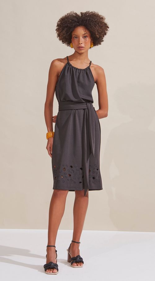 Vestido Maria.Valentina Curto Decote Redondo Bordado Richelieu Preto