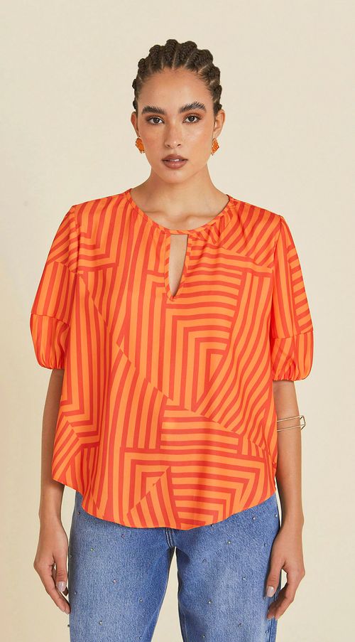 Blusa Maria.Valentina Decote Redondo Manga Curta Básica Laranja
