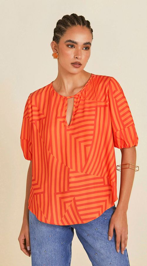 Blusa Maria.Valentina Decote Redondo Manga Curta Básica Laranja
