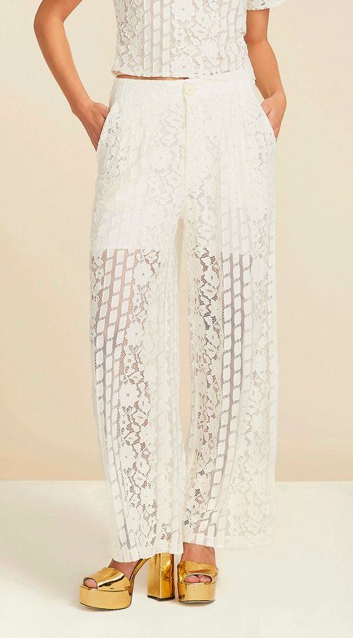 Calca Maria.Valentina Pantalona Cós Intermediário Detalhe Renda Off White