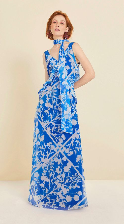 Vestido Maria.Valentina Midi Decote V Com Faixa Azul