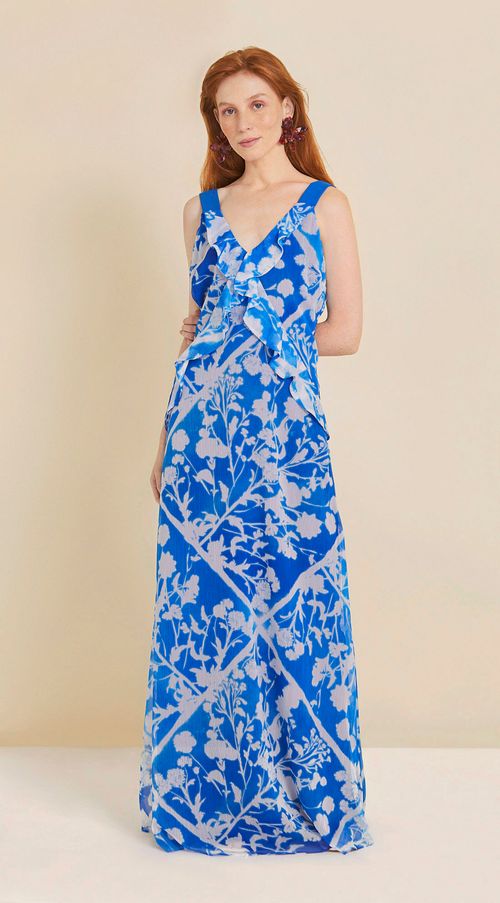 Vestido Maria.Valentina Midi Decote V Com Faixa Azul