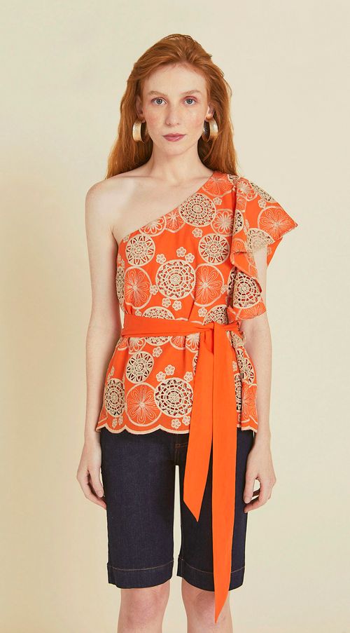 Blusa Maria.Valentina Ombro Só Cavada Com Babado Laranja