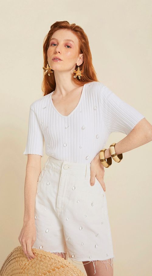 Blusa Maria.Valentina Decote V Manga Curta Bordada Off White