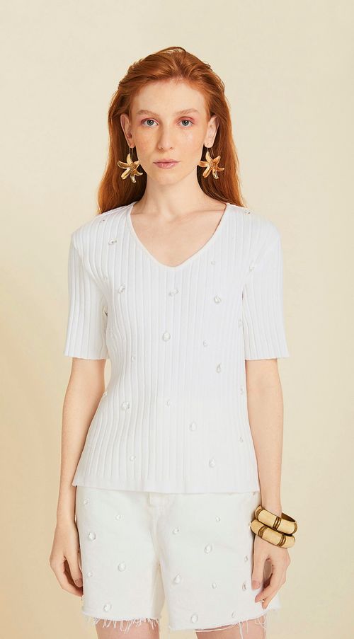 Blusa Maria.Valentina Decote V Manga Curta Bordada Off White