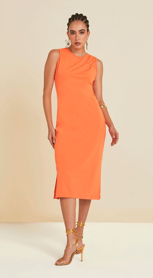 Vestido Maria.Valentina Altura Do Joelho Decote Redondo Com Pregas Laranja
