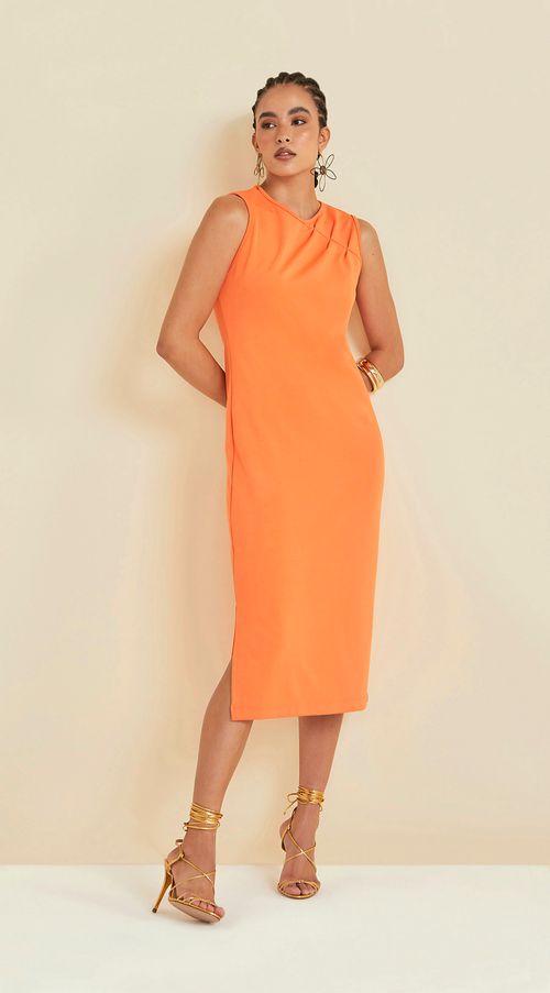Vestido Maria.Valentina Altura Do Joelho Decote Redondo Com Pregas Laranja