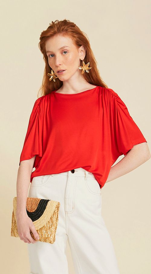 Blusa Maria.Valentina Decote Redondo Manga Curta Detalhe Degage Vermelho