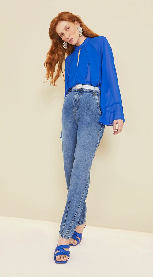Calca Maria.Valentina Curve Cós Alto Com Recorte Jeans