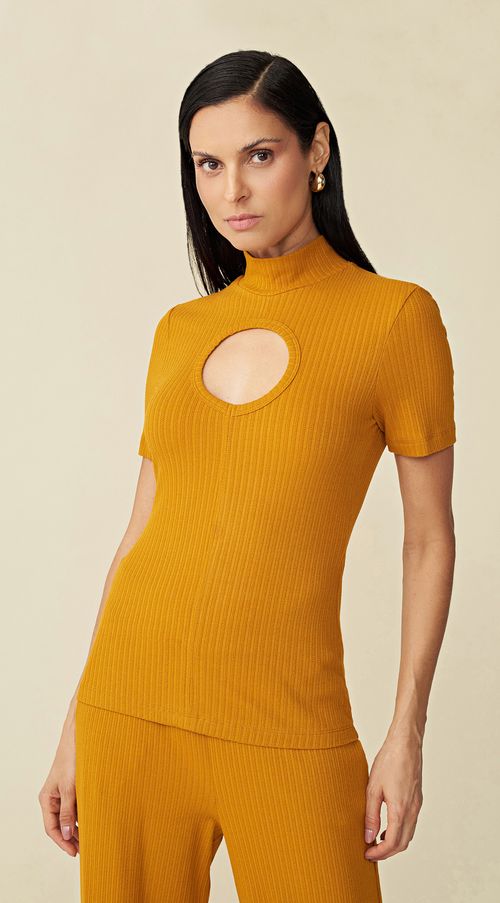 Blusa Maria.Valentina Gola Alta Manga Curta Abertura Decote Amarelo