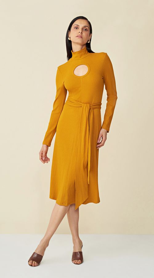 Vestido Maria.Valentina Midi Gola Alta Com Faixa Amarelo
