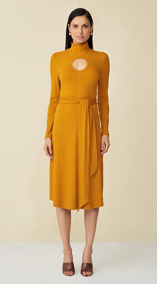Vestido Maria.Valentina Midi Gola Alta Com Faixa Amarelo