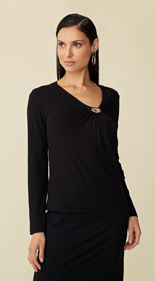 Blusa Maria.Valentina Decote Assimétrico Manga Longa Com Metal Preto