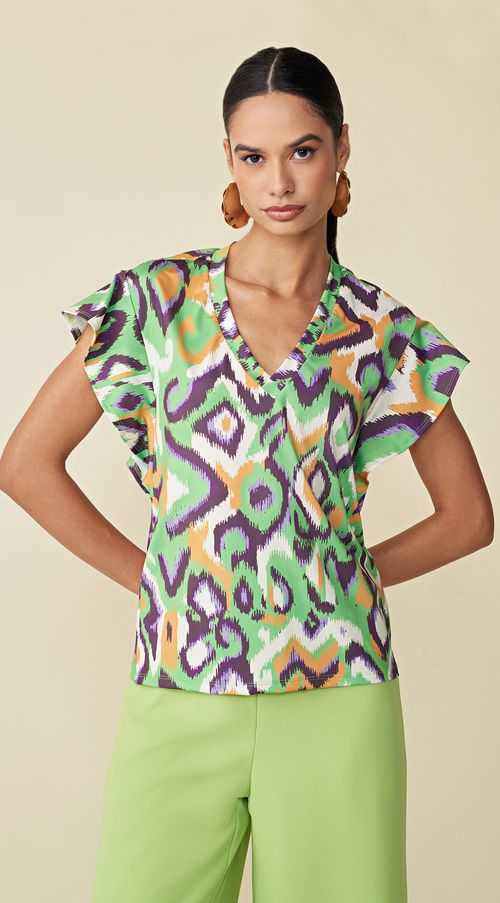 Blusa Maria.Valentina Decote V Manga Babado Básica Verde