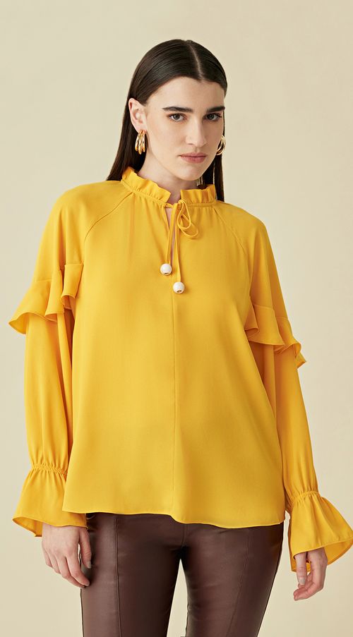 Bata Maria.Valentina Decote V Com Babado Amarelo