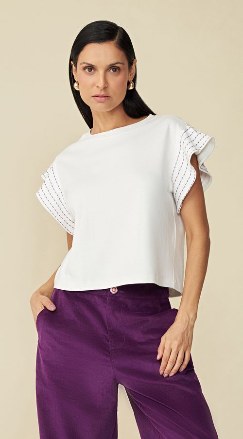 T-Shirt Maria.Valentina Decote Redondo Detalhe Manga Off White
