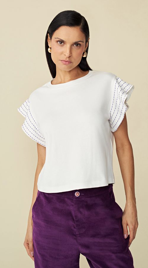 T-Shirt Maria.Valentina Decote Redondo Detalhe Manga Off White