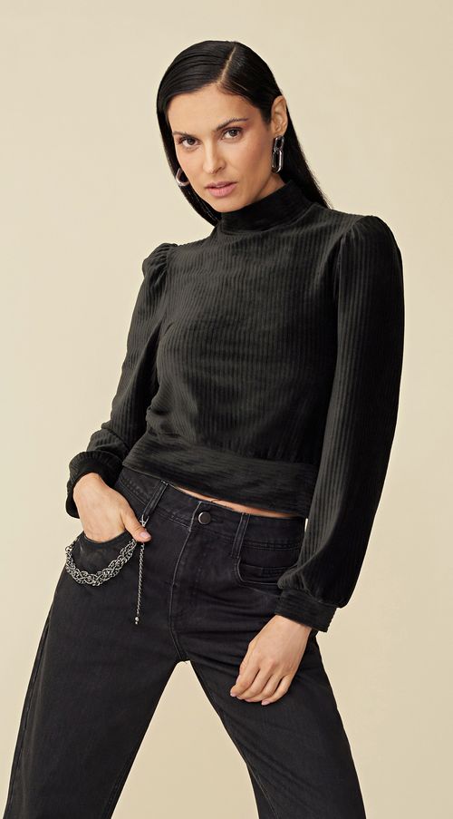 Blusa Maria.Valentina Gola Alta Manga Longa Detalhe Punho Preto