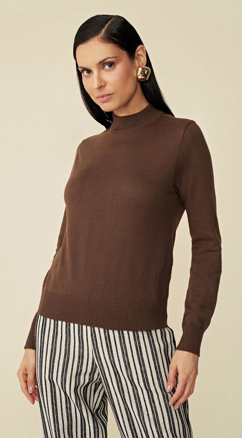 Blusa Maria.Valentina Gola Alta Manga Longa Tricôt Marrom