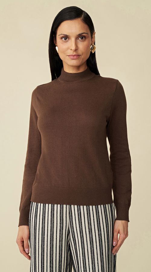 Blusa Maria.Valentina Gola Alta Manga Longa Tricôt Marrom