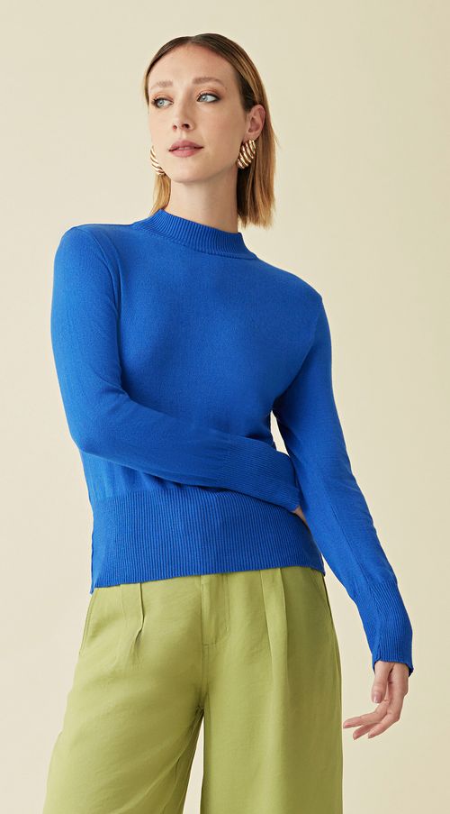 Blusa Maria.Valentina Gola Alta Manga Longa Tricôt Azul