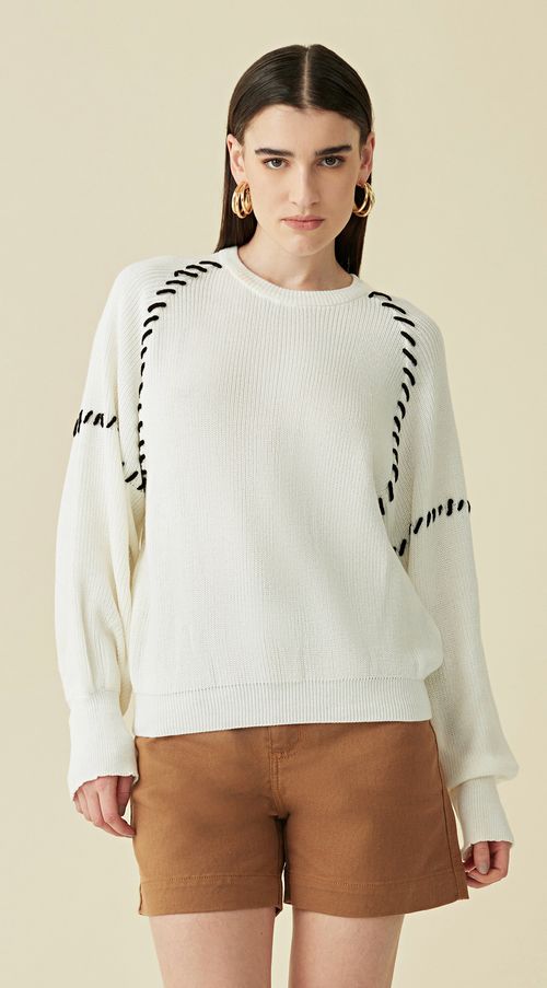 Blusa Maria.Valentina Decote Redondo Manga Longa Tricôt Off White