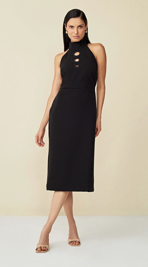 Vestido Maria.Valentina Midi Gola Alta Bordado Preto