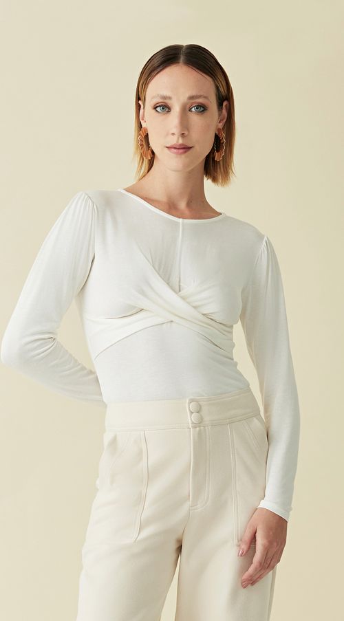 Blusa Maria.Valentina Decote Redondo Manga Longa Transpasse Frente Off White