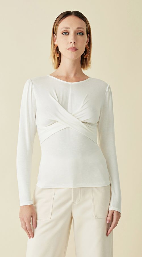 Blusa Maria.Valentina Decote Redondo Manga Longa Transpasse Frente Off White