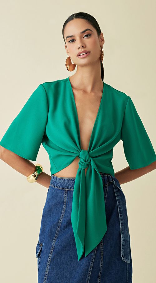 Blusa Maria.Valentina Decote V Manga 3/4 Amarração Frente Verde